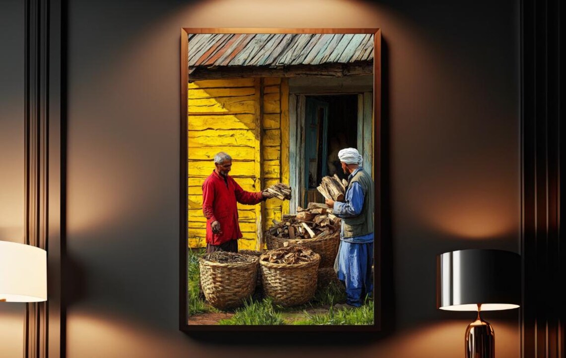 Rural Village Men Carrying Firewood by Yellow Wooden House Poster