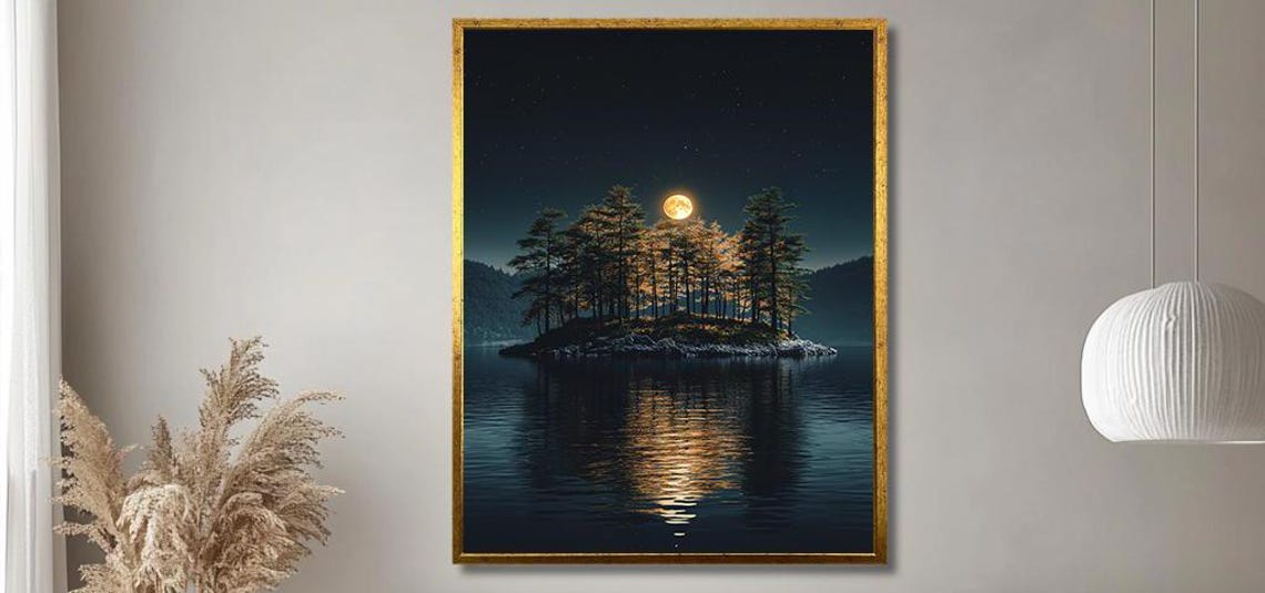 Moonlit Pine Island On Calm Lake Under Starry Night Sky Poster
