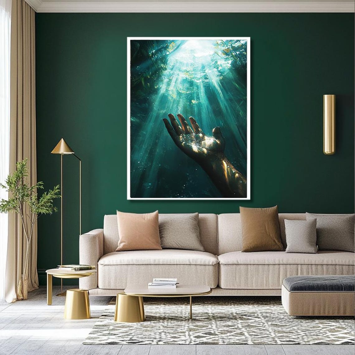 Underwater Hand Reaching Up Toward Sunlight Rays Ocean Art Poster - Image 2
