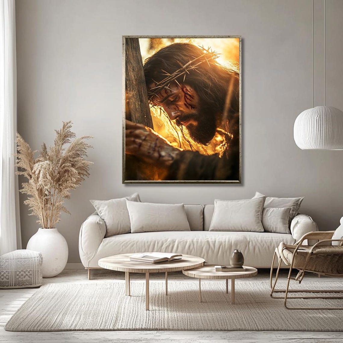Jesus Christ Crown Of Thorns Leaning On Cross In Golden Poster - Image 3