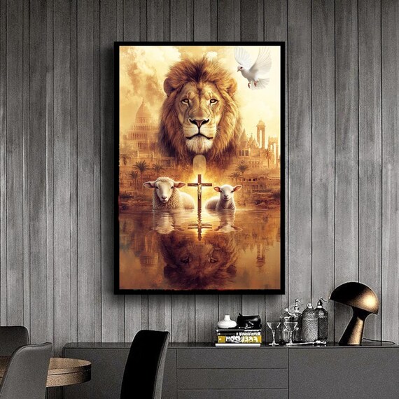 Lion of Judah with Two Lambs Cross and Dove Golden Light Art Poster