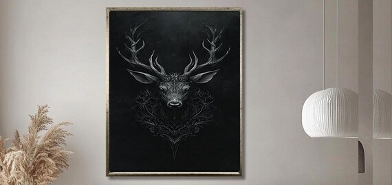 Black And Grey Stag Head With Ornate Flowing Antler Line Art Poster