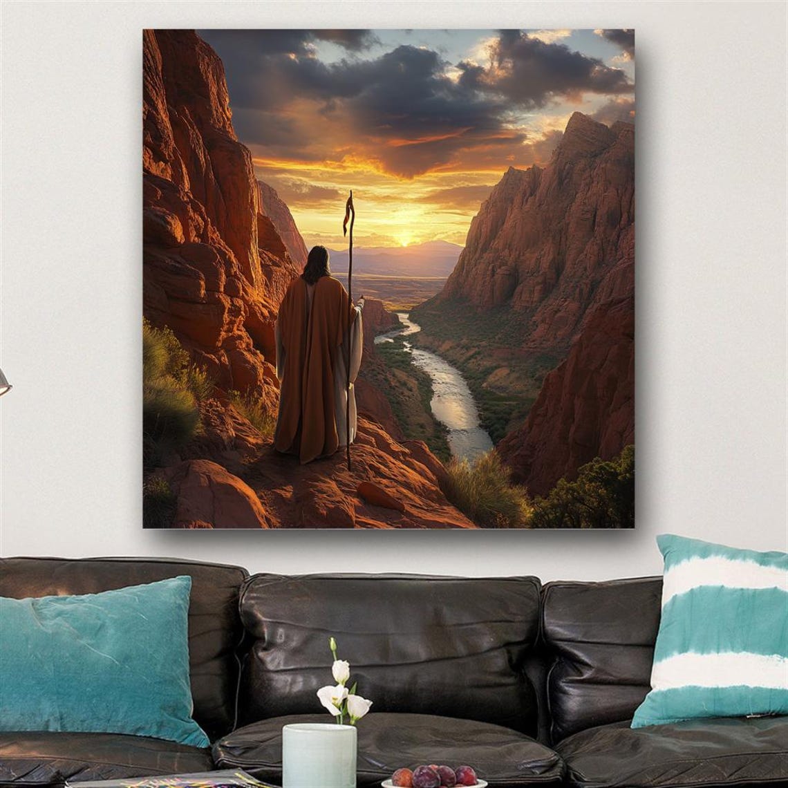 Shepherd With Staff Overlooking Canyon River at Golden Sunset Poster