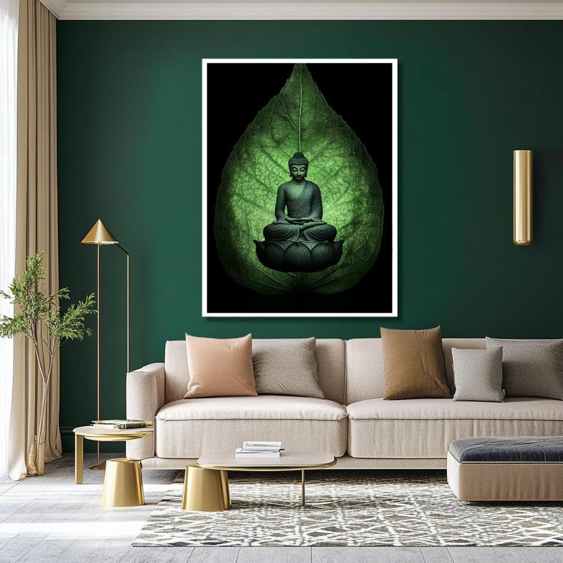 Meditating Buddha On Lotus Inside Giant Green Leaf Zen Poster - Image 2