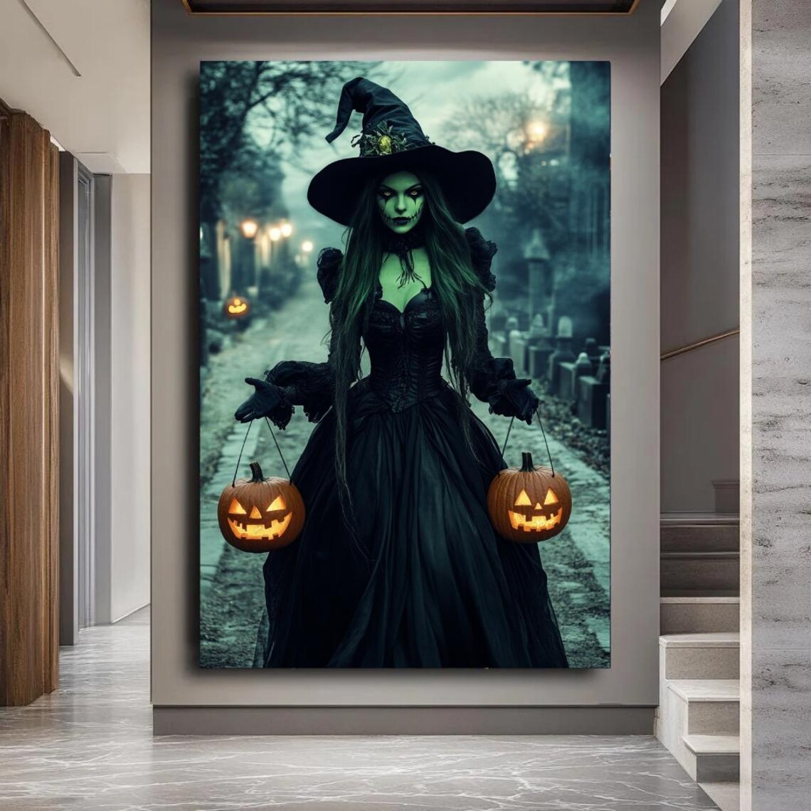 Halloween Witch Poster: Gothic Witch With Jack-O-Lanterns in a Cemetery