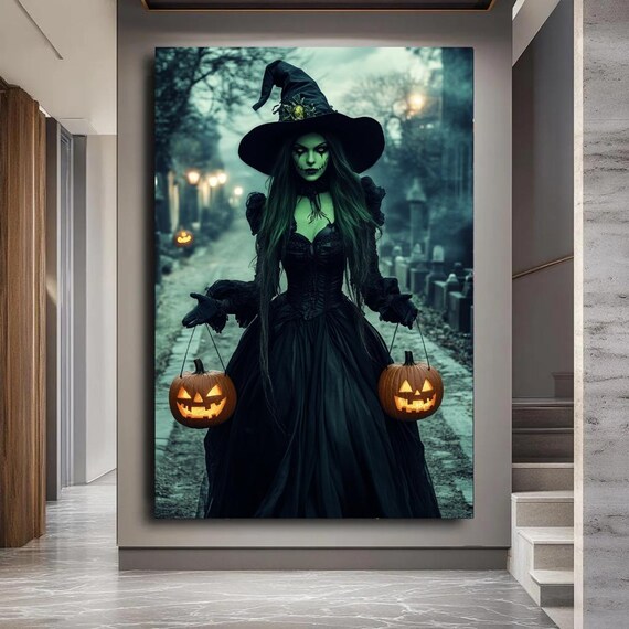 Halloween Witch Poster: Gothic Witch With Jack-O-Lanterns in a Cemetery