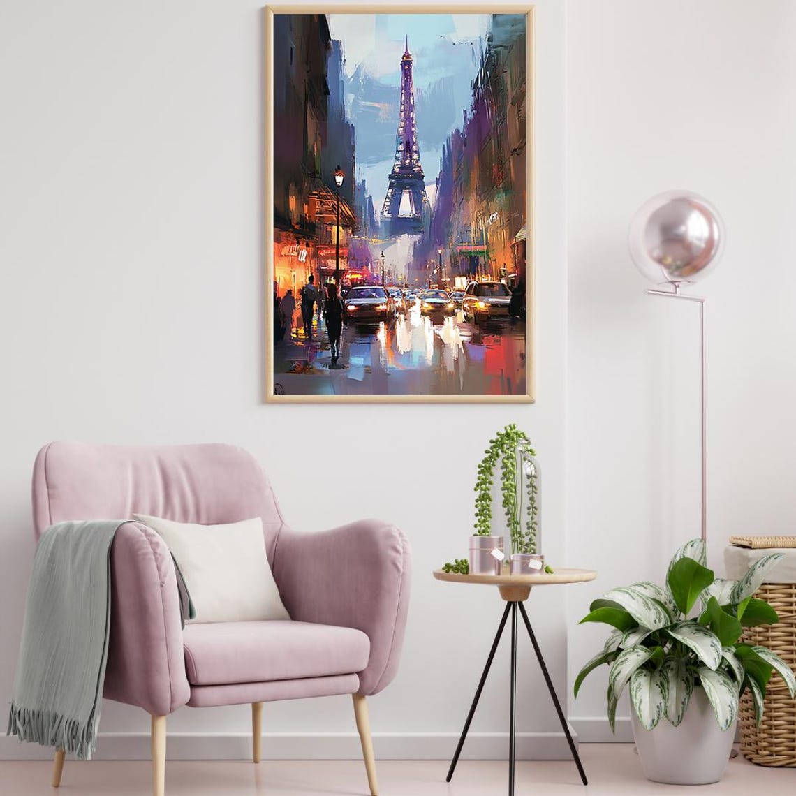 Rainy Paris Street Eiffel Tower Night Lights Oil Paint Poster - Image 2
