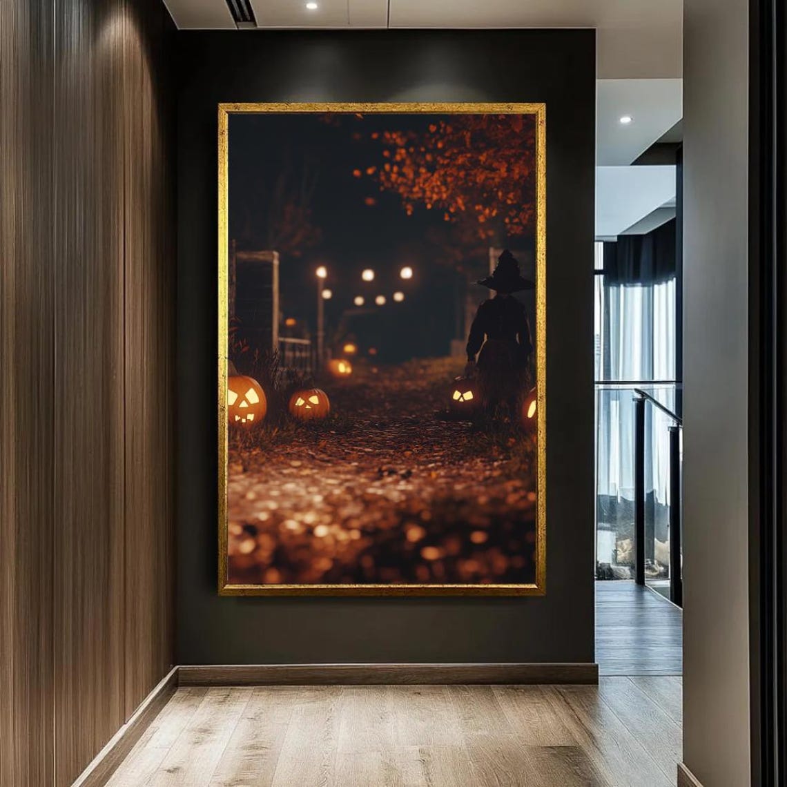 Witch with Pumpkin Lantern on Halloween Night Autumn Path Poster - Image 3