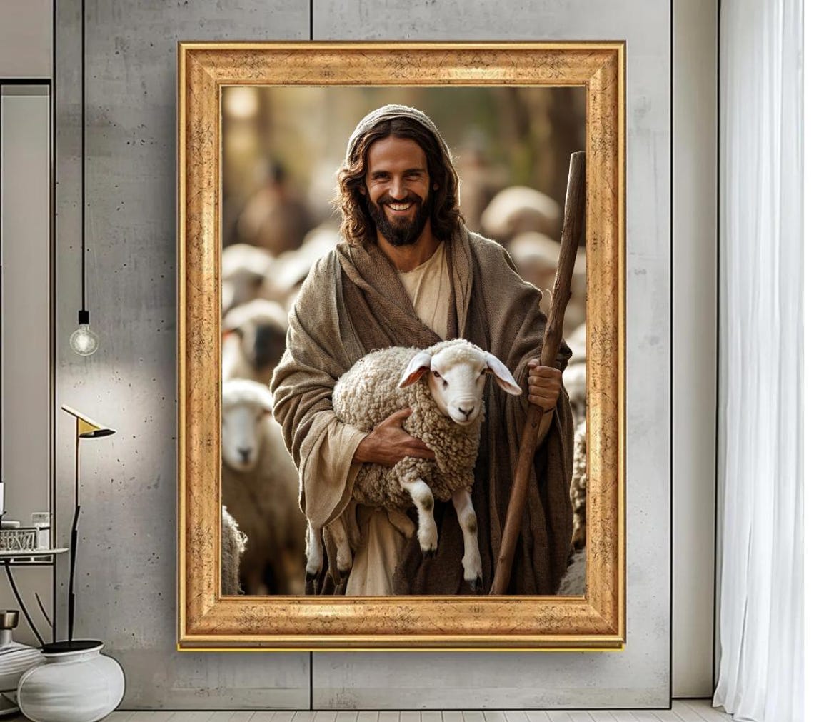 Smiling Jesus the Good Shepherd Holding Lamb Religious Poster