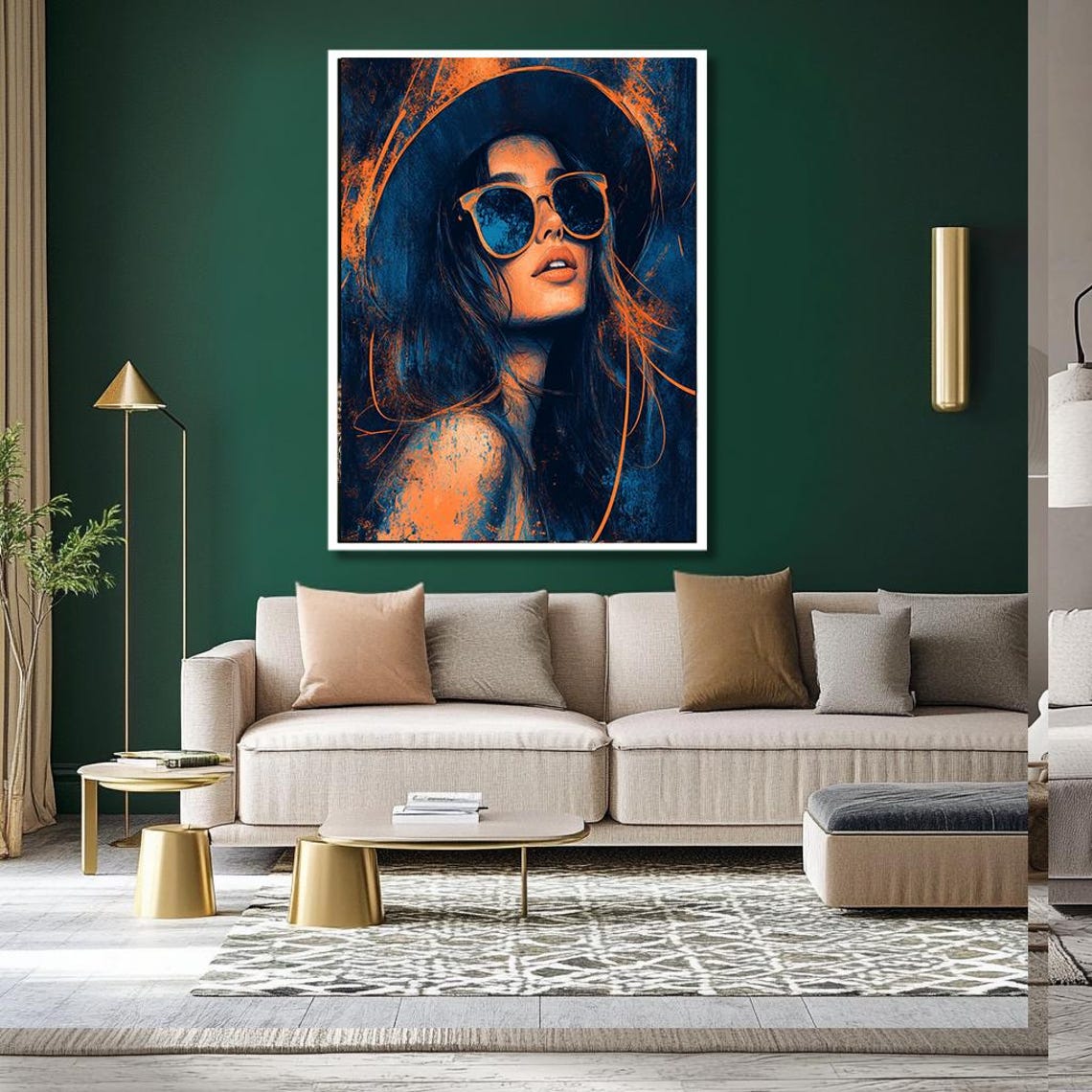 Modern Woman with Hat and Sunglasses in Teal and Orange Poster - Image 2