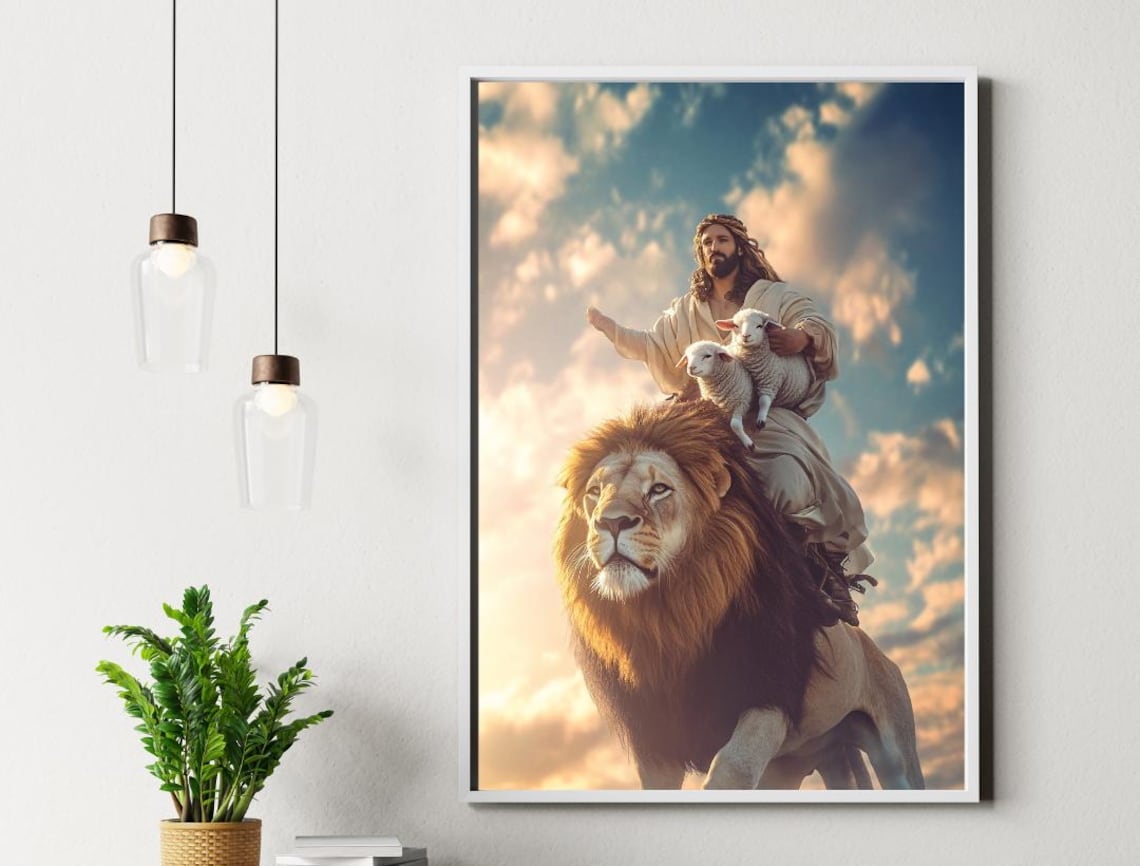 Jesus Riding Lion with Lambs Peaceful Kingdom Heavenly Art Poster