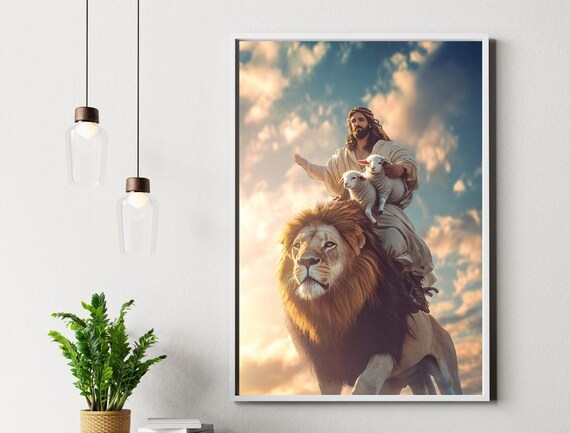 Jesus Riding Lion with Lambs Peaceful Kingdom Heavenly Art Poster