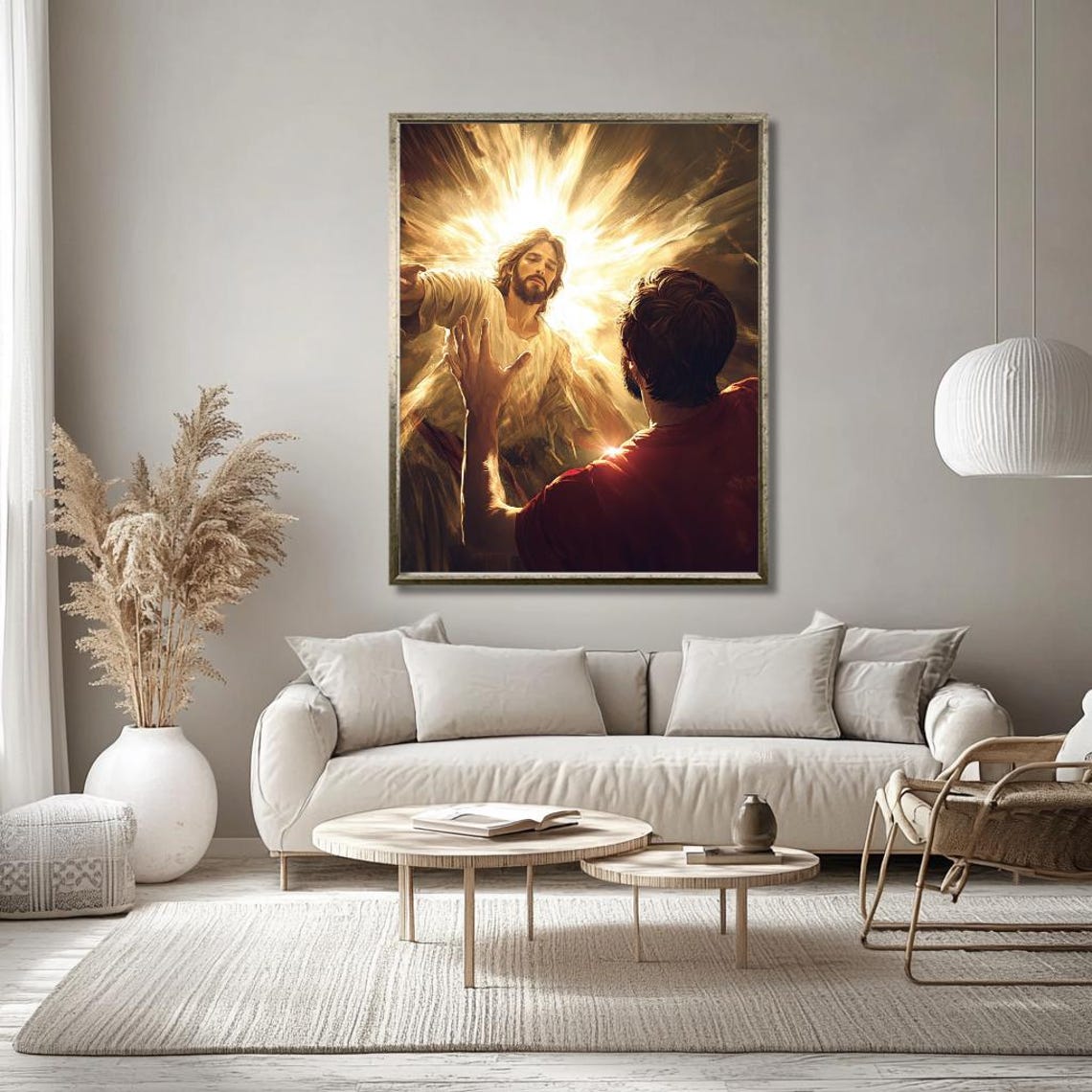 Jesus Appearing in Divine Light Before a Reaching Believer Poster - Image 2