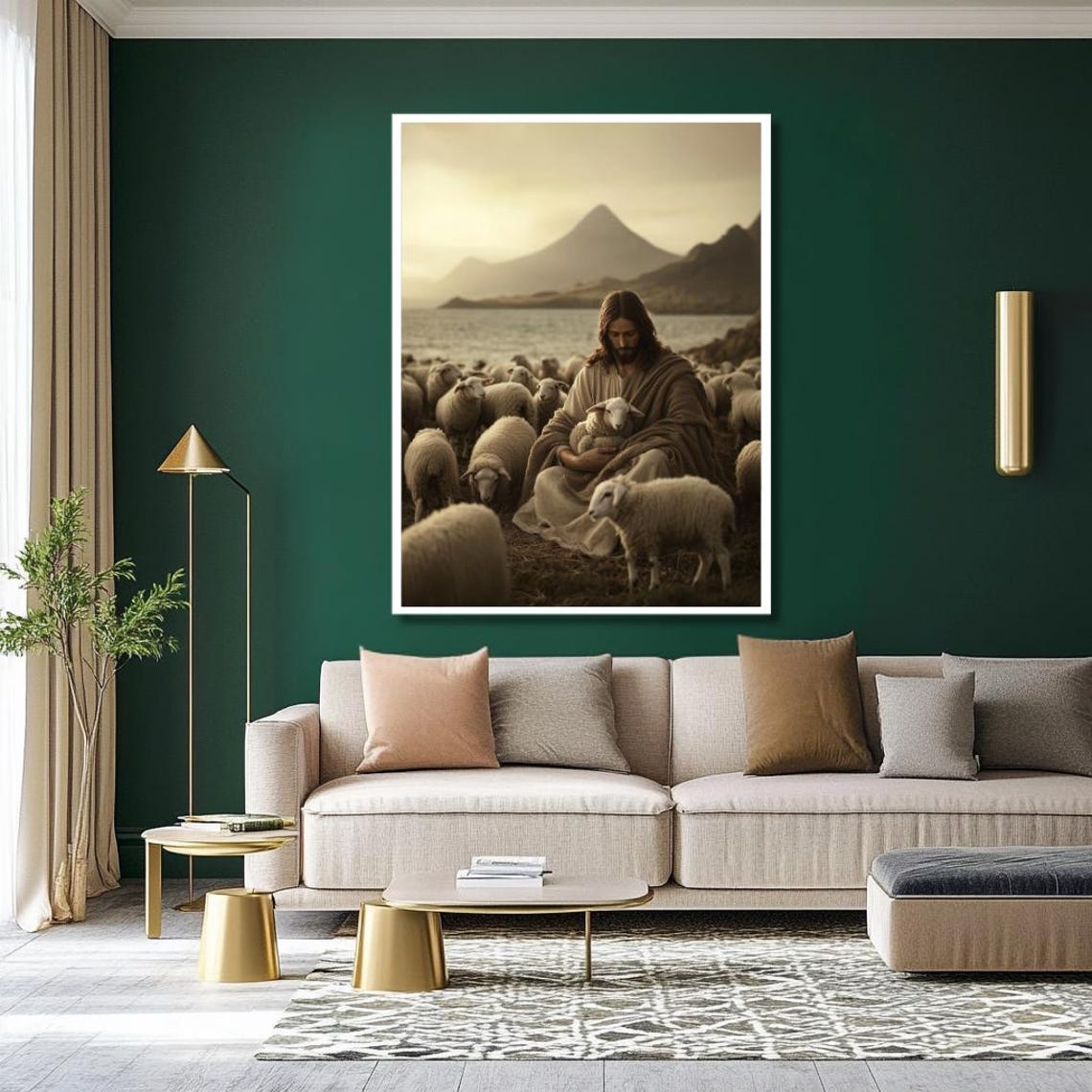Jesus the Good Shepherd with Sheep Flock Lakeside Mountain Poster - Image 2