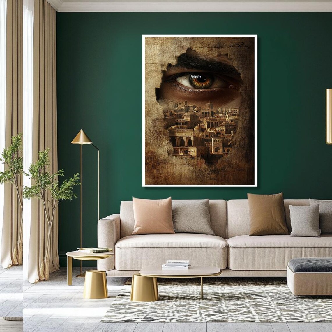 Giant Watching Eye Over Ancient Desert City Sepia Surreal Art Print - Image 2