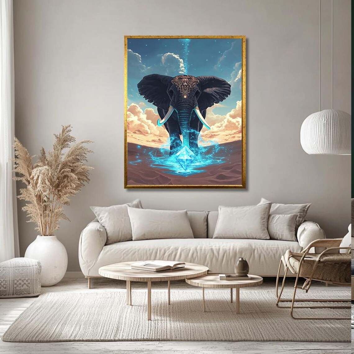 Mystical Elephant With Blue Crystal Energy Desert Scene Art Poster - Image 3