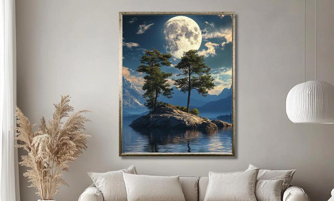 Silvery Full Moon Over A Calm Lake With Twin Pines On An Island Poster