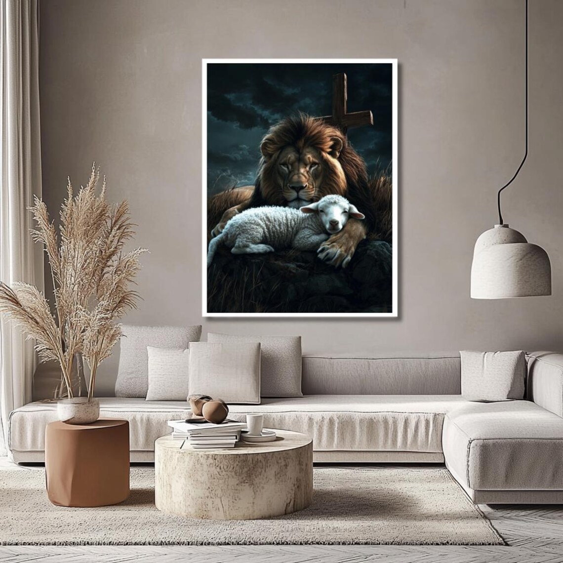 Lion And Lamb Resting With Wooden Cross At Night Christian Faith Poster For Home - Image 2