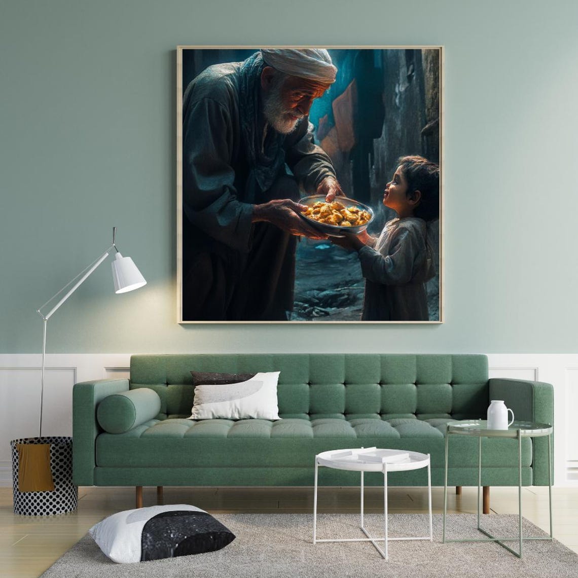 Elder Giving Food to Child Kindness Dramatic Light Art Poster - Image 2