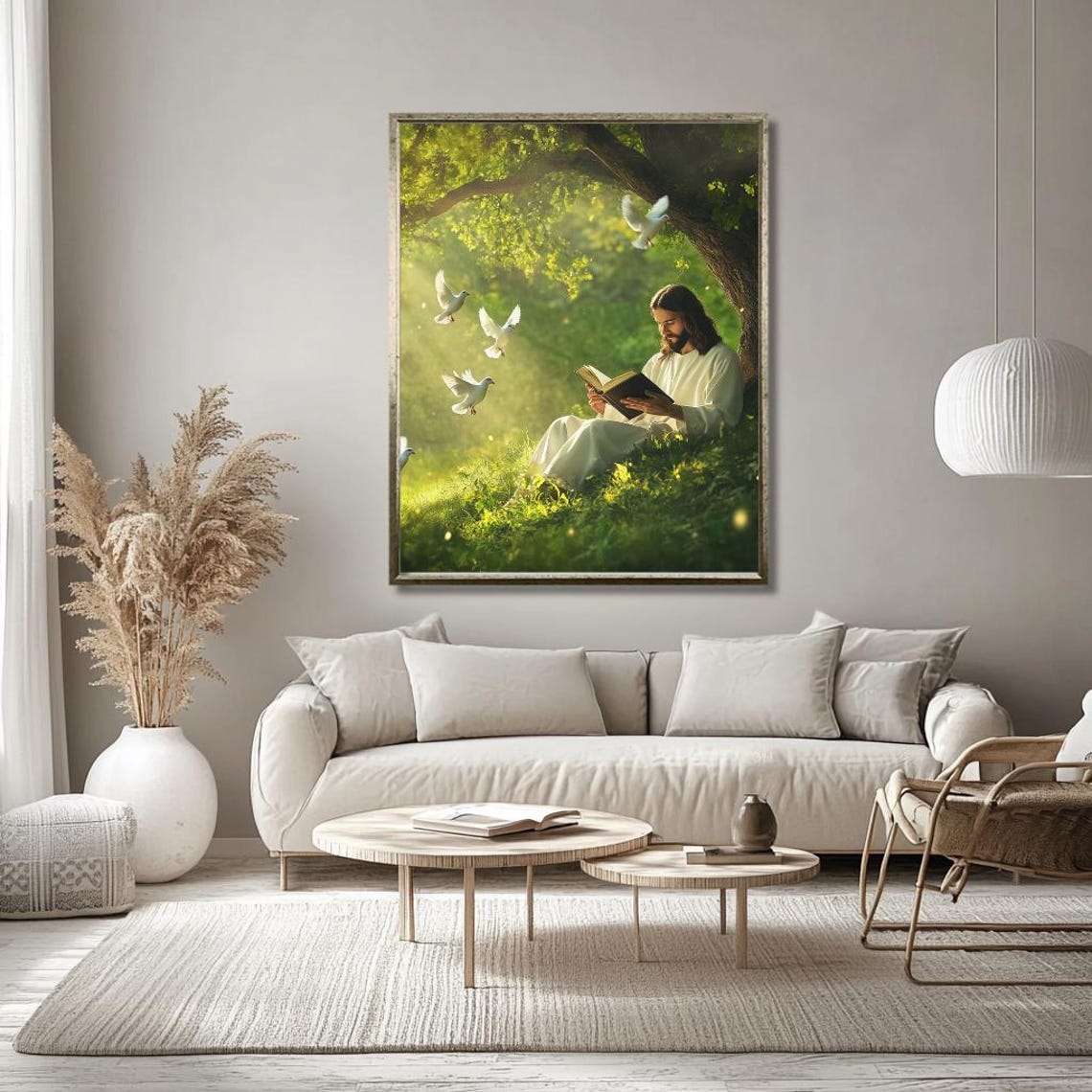 Jesus Reading Under a Tree with White Doves Peaceful Art Poster - Image 3