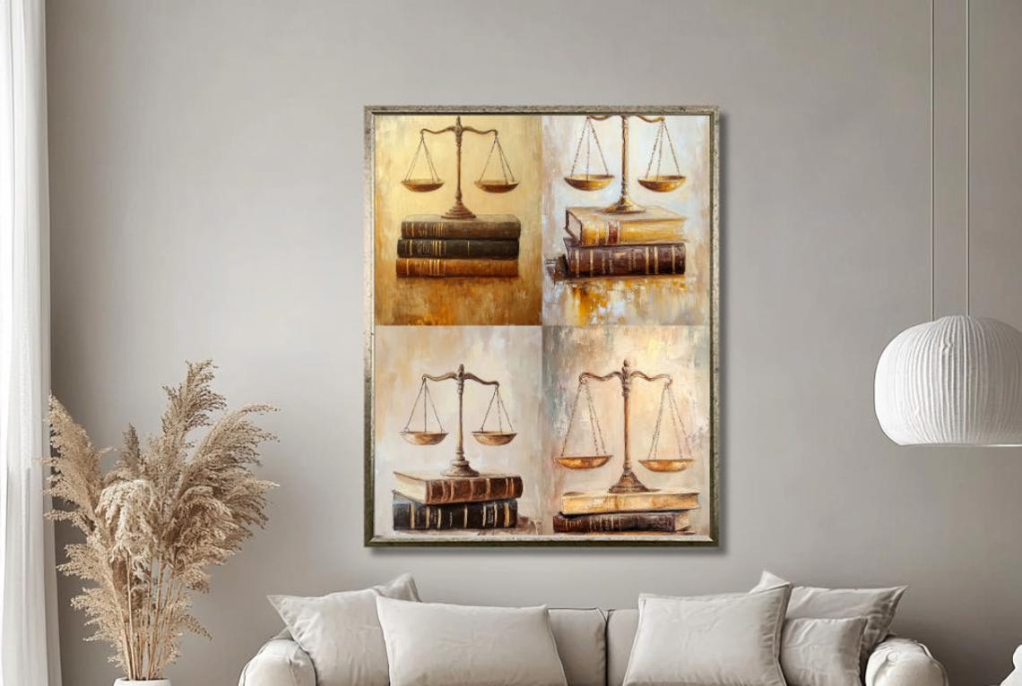 Scales Of Justice On Antique Law Books Four Panel Vintage Poster