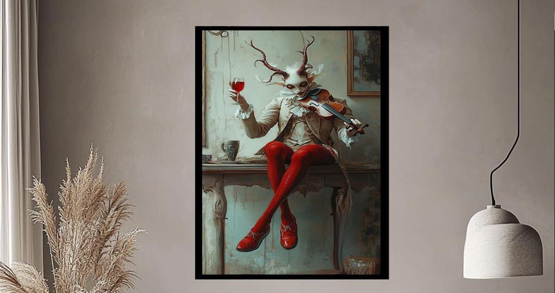 Horned Skeleton Violinist With Red Wine Dark Surreal Art Poster