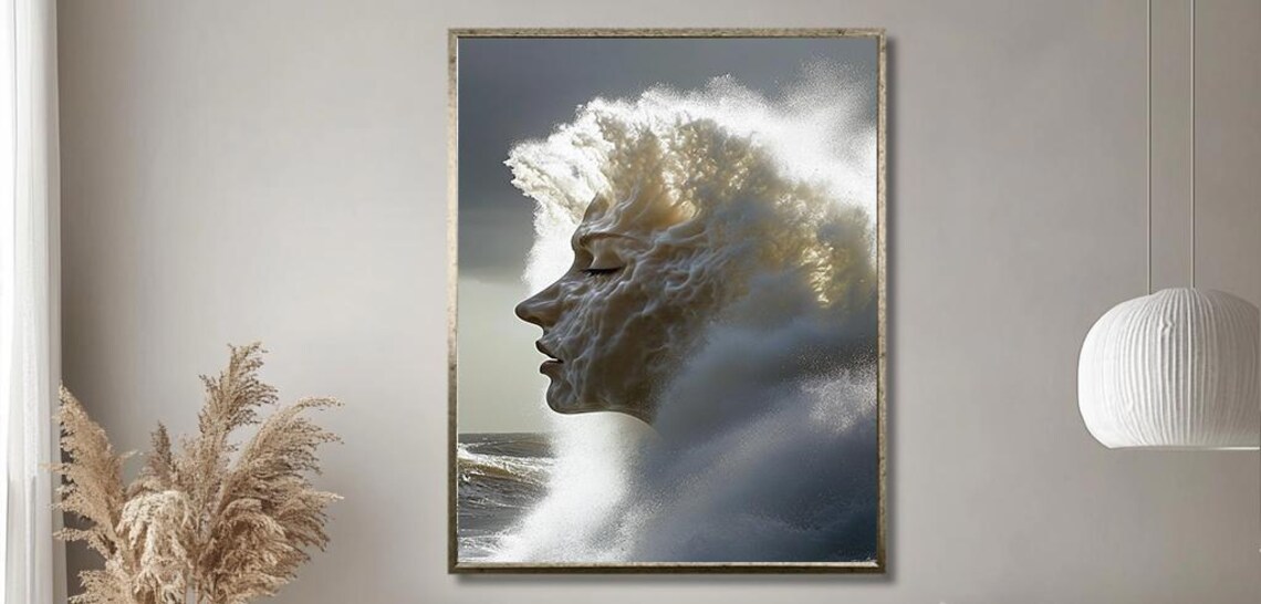 Ethereal Ocean Wave Woman Face Formed in White Sea Foam Poster