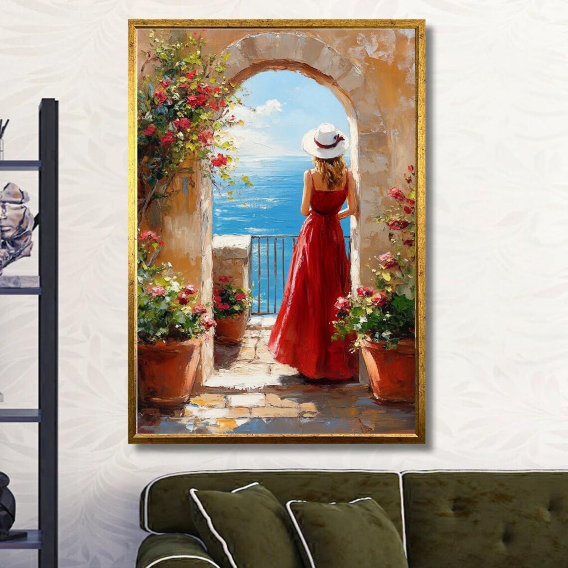Woman in Red Dress at Mediterranean Coastal Archway Sea View Poster - Image 3