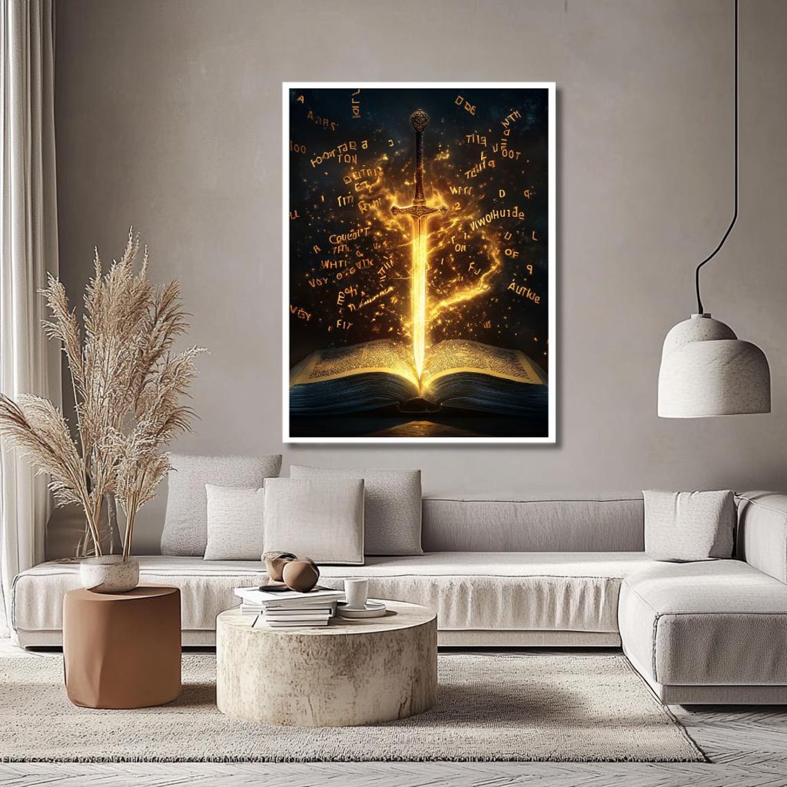 Glowing Magic Sword Rising From an Open Book With Golden Runes Poster - Image 2