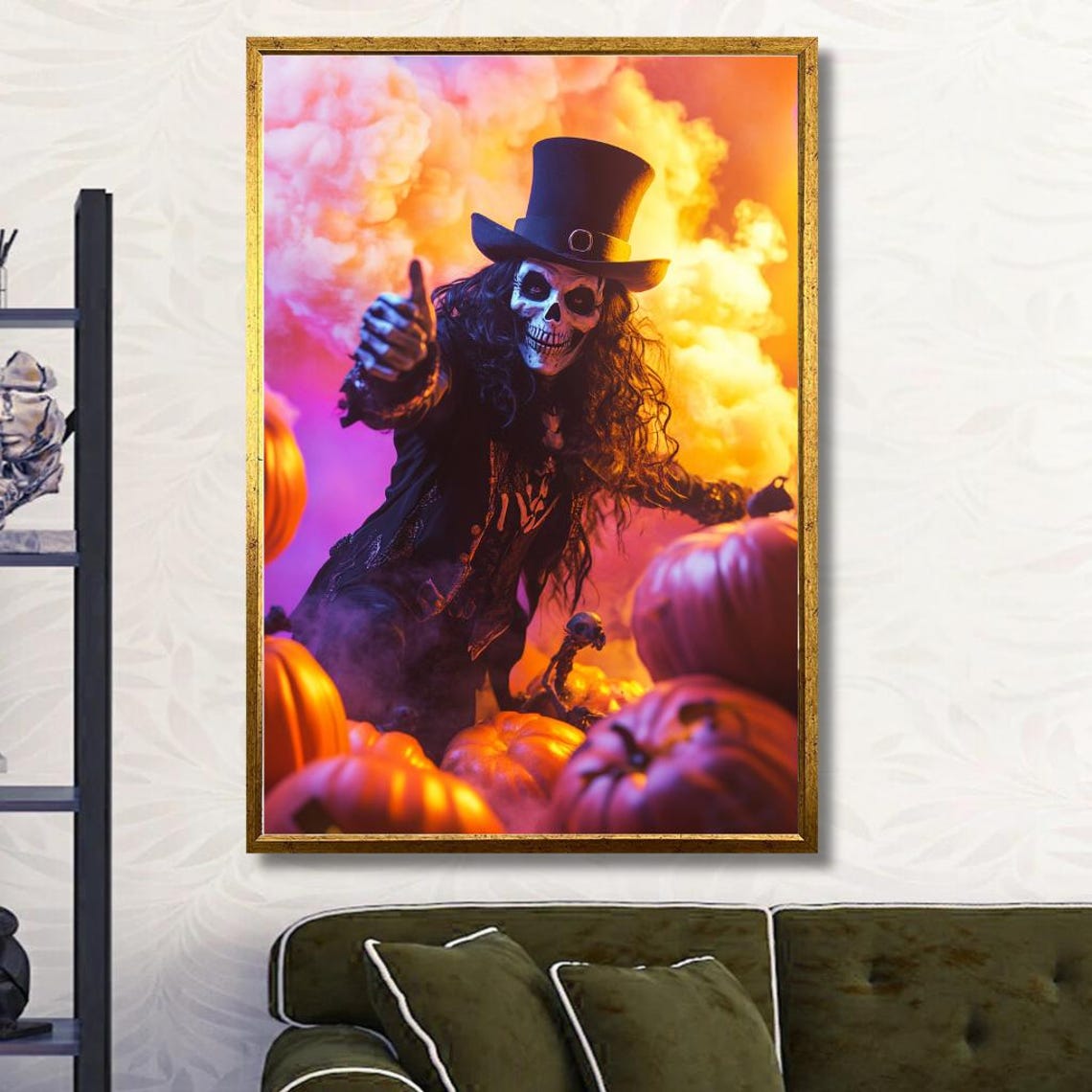 Spooky Skeleton Gentleman in Top Hat with Pumpkins Halloween Poster - Image 3