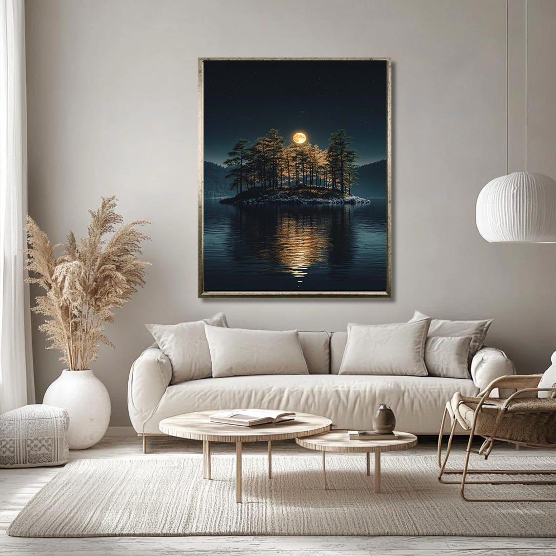 Moonlit Pine Island On Calm Lake Under Starry Night Sky Poster - Image 3