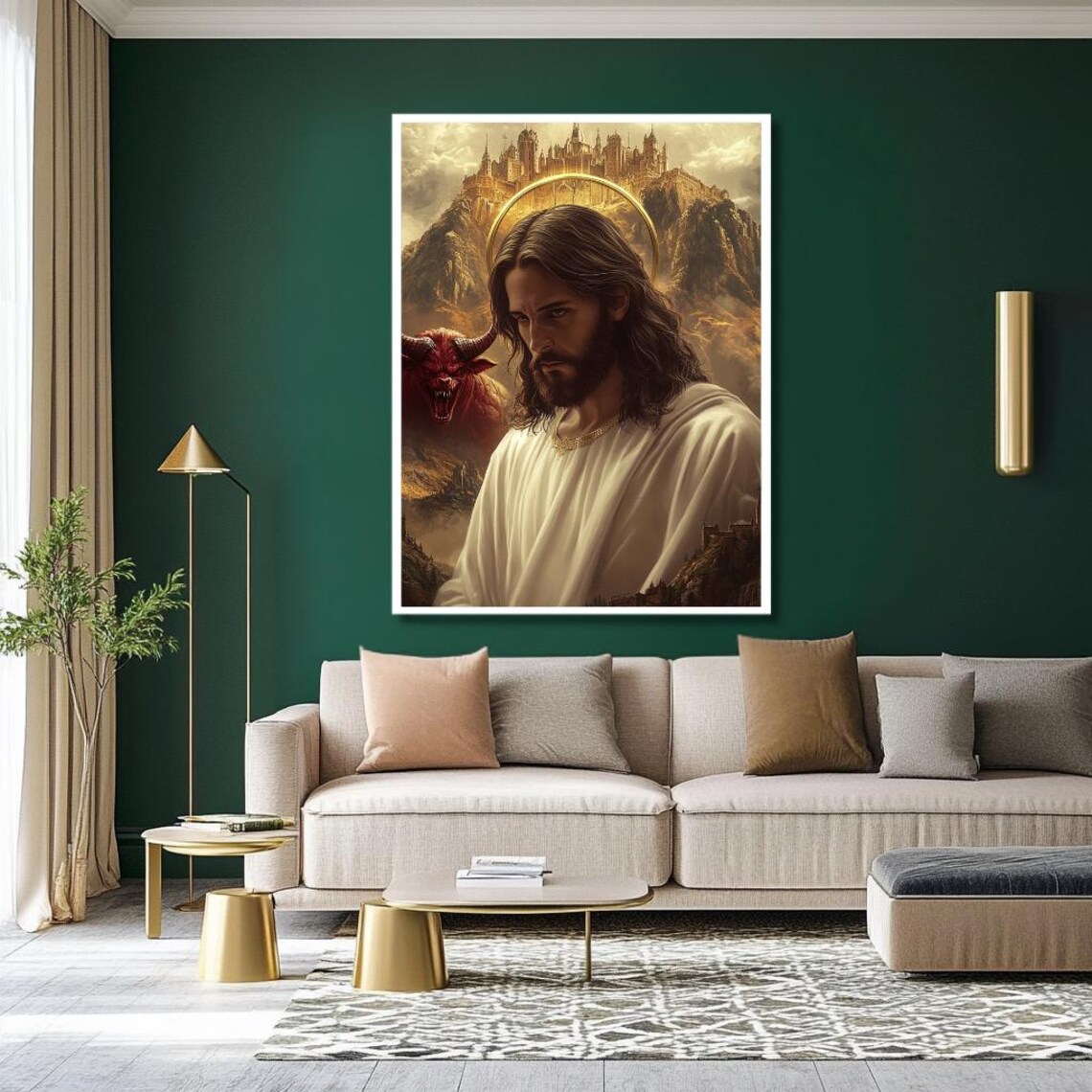 Jesus Versus Darkness Poster: Haloed Christ Facing Evil Before Golden City - Image 3