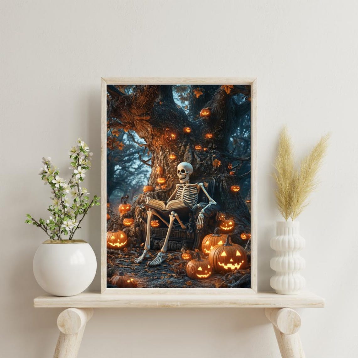 Skeleton Reading Book in Pumpkin Tree Halloween Night Art Poster