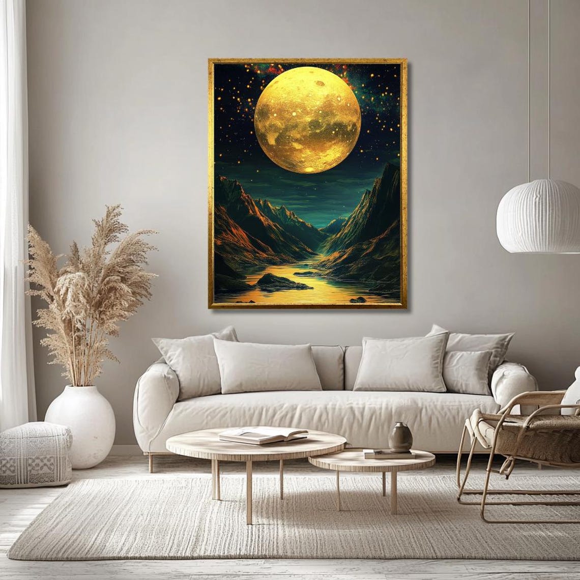 Giant Golden Moon Over Starry Mountain Valley River Reflection Poster - Image 3