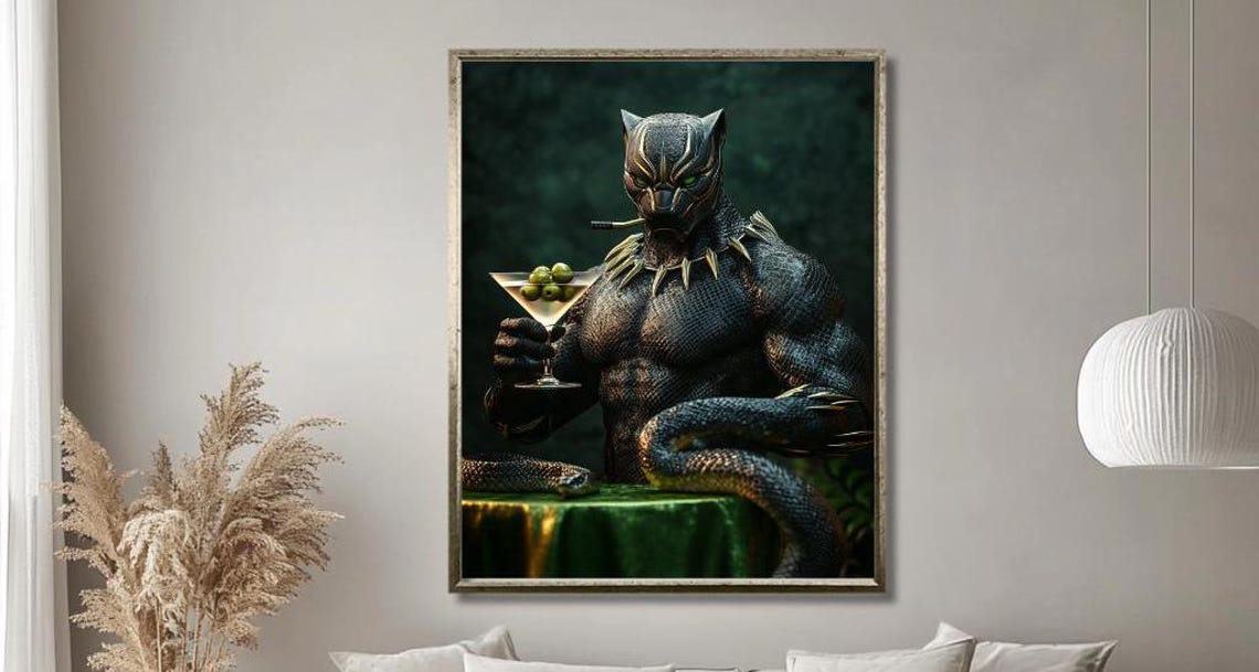 Black Panther Holding Martini Glass Whimsical Cocktail Poster