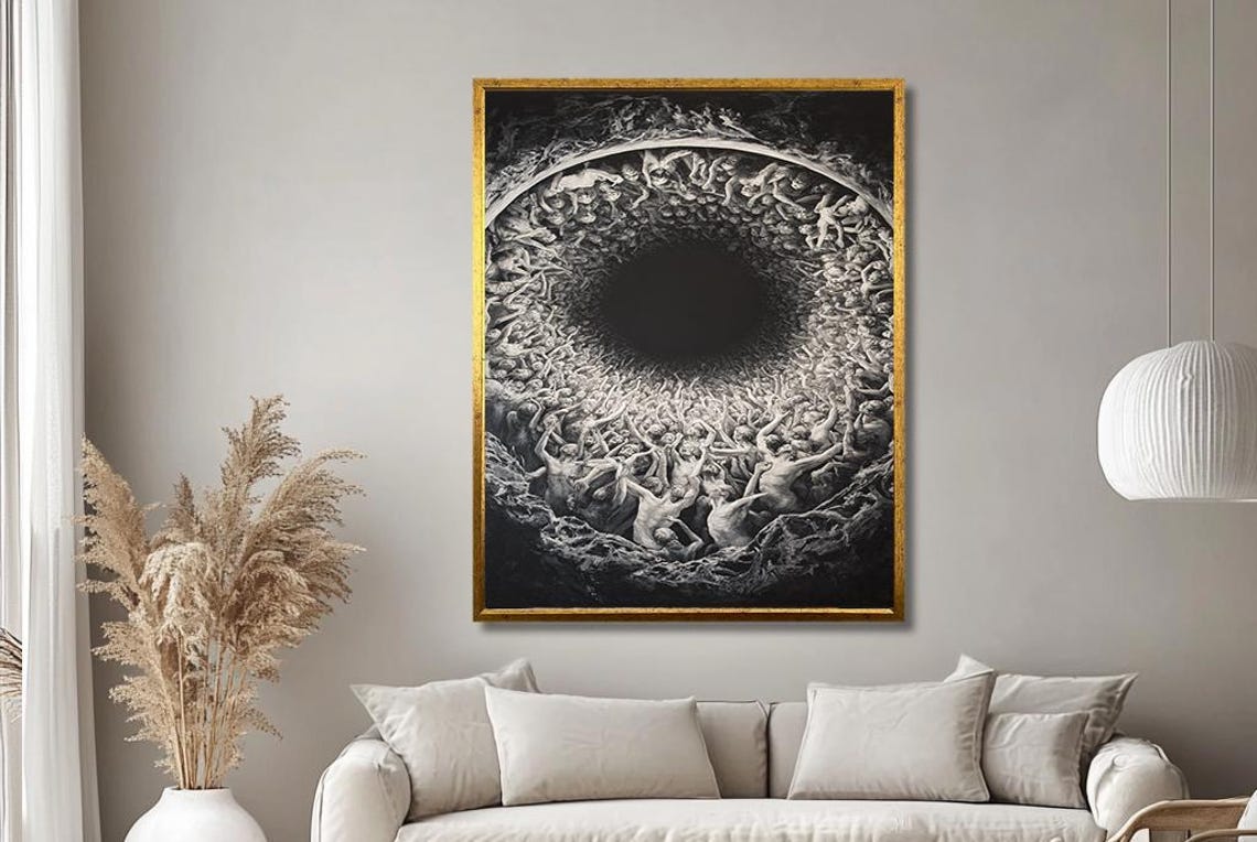 Dark Surreal Spiral Of Souls Art Mysterious And Thought Provoking Wall Decor Gothic Inspired Black And White Art Print For Living