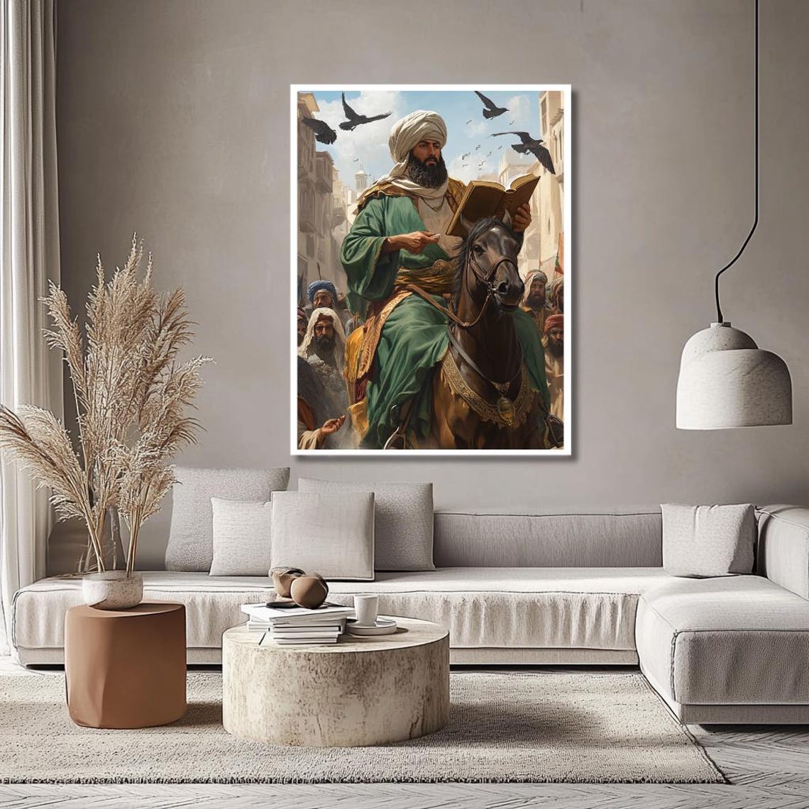 Islamic Scholar on Horseback Reading Book to Crowd Art Poster - Image 2