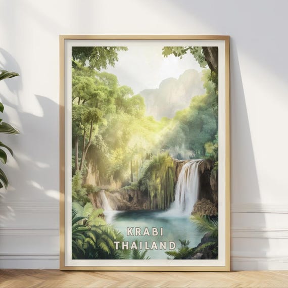 Krabi Thailand Poster Jungle Waterfall Wall Art Tropical Nature Print Thai Travel Decor Southeast Asia Landscape Home Office Art