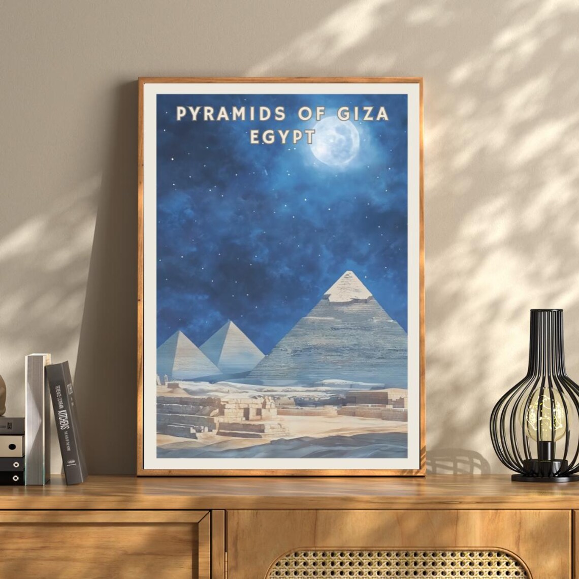Pyramids Of Giza Egypt Night Sky Full Moon Desert Landscape Poster - Image 3