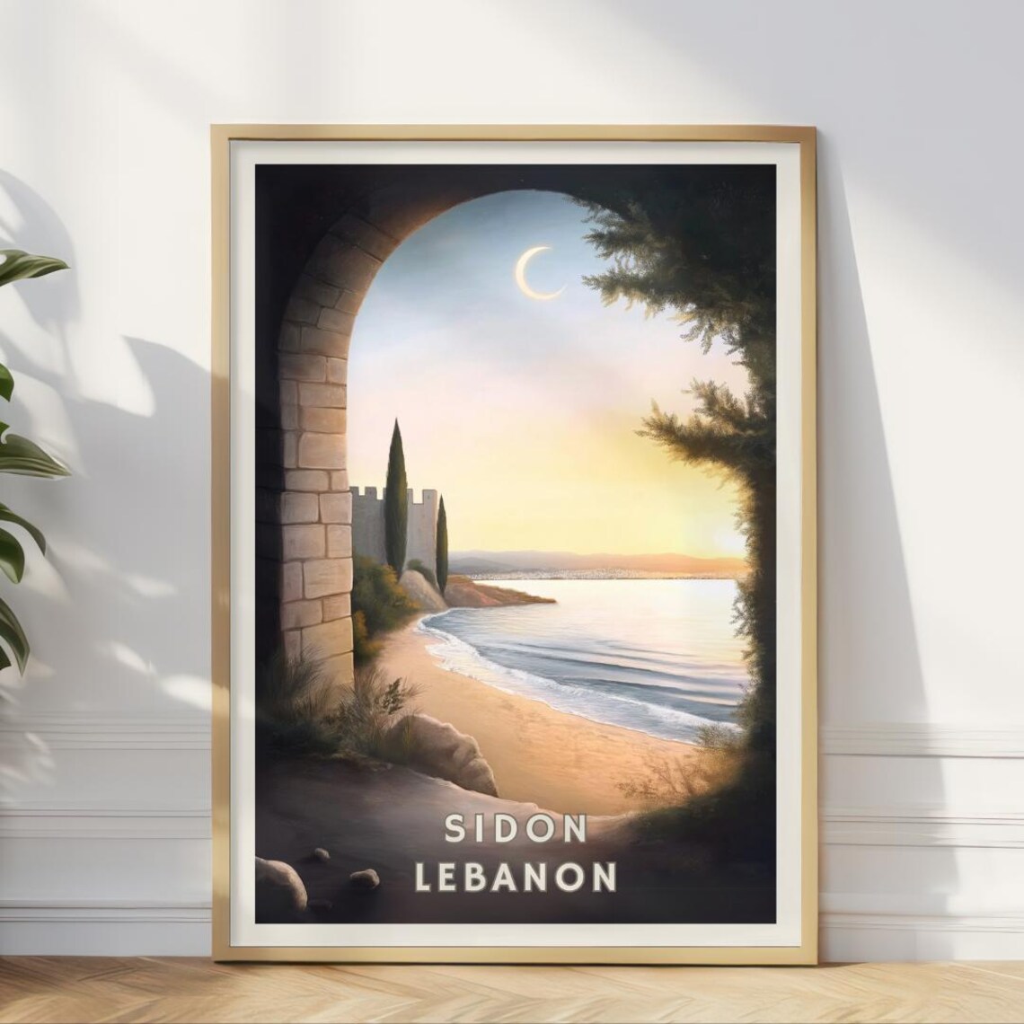 Sidon Lebanon Travel Poster, Coastal Sunset Fortress