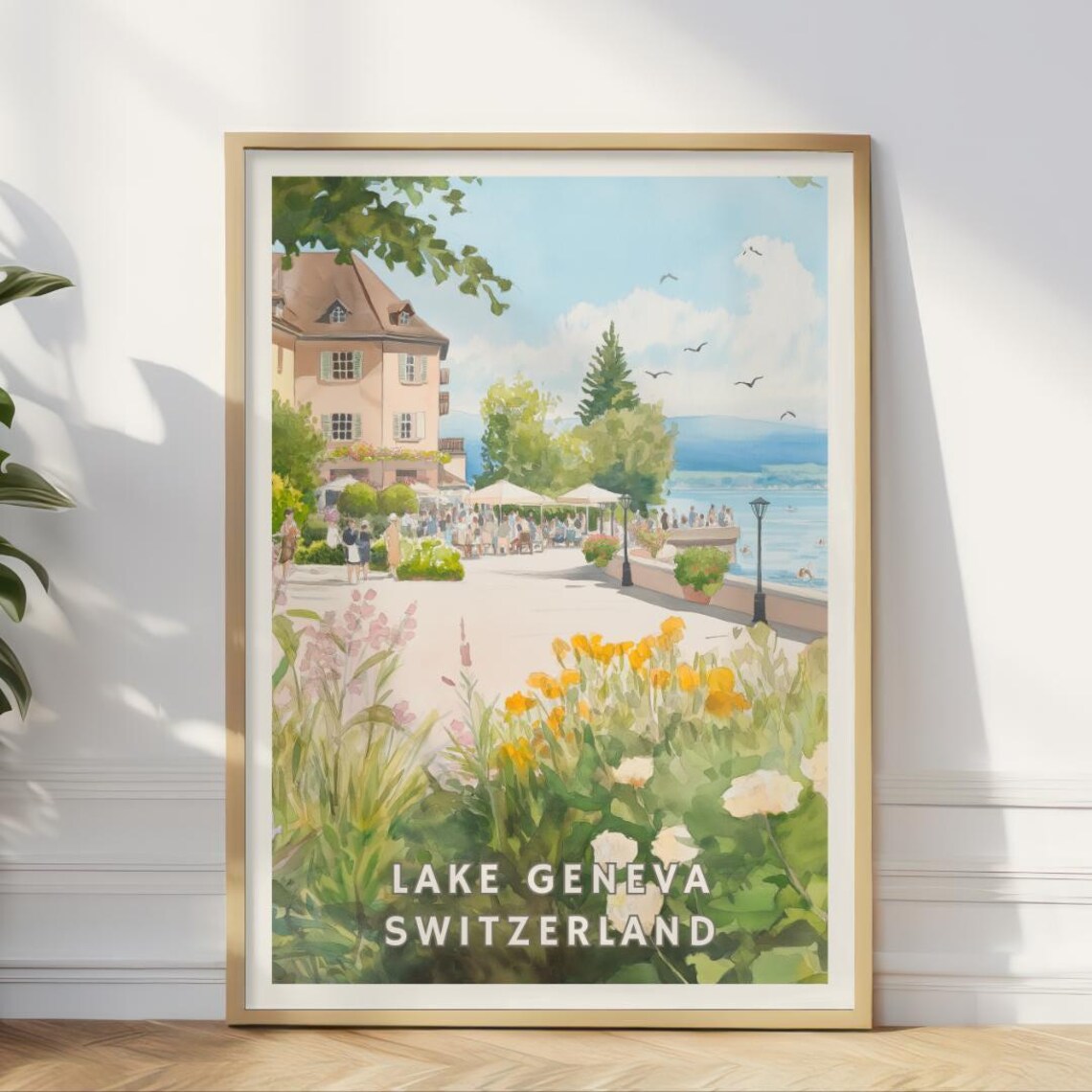 Lake Geneva Switzerland Lakeside Promenade Floral Travel Poster