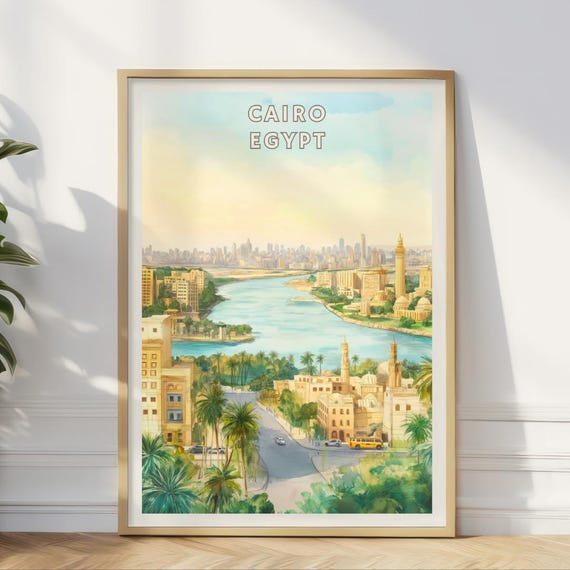 Cairo Egypt Poster Nile River City Wall Art Middle Eastern Travel Print Historic Islamic Urban Skyline North Africa Mosque Home Decor