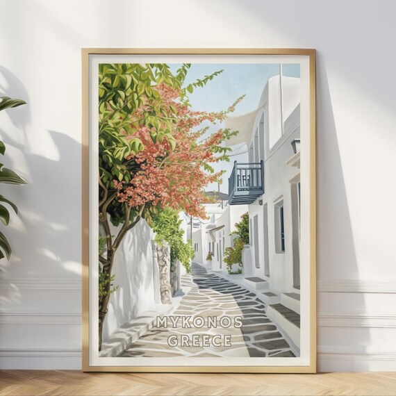 Mykonos Greece Poster Greek Island Wall Art Whitewashed Alleyway Print Mediterranean Travel Decor Cycladic Architecture Illustration