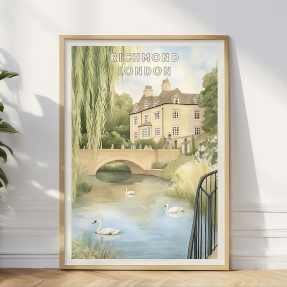 Richmond London Scenic River Thames Swans Bridge Travel Poster