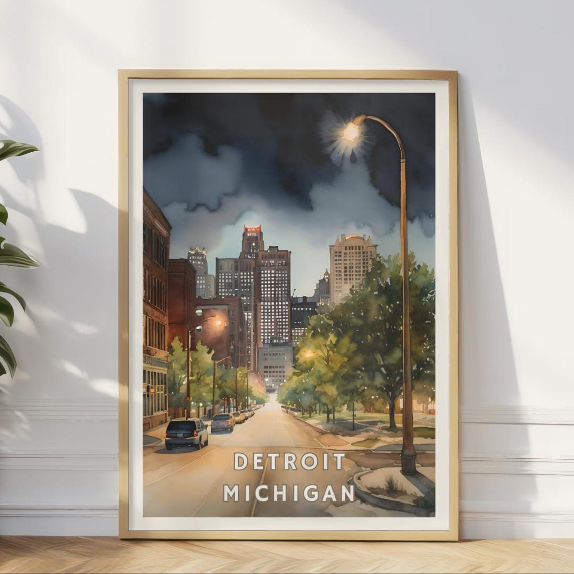 Detroit Michigan Poster Nighttime Cityscape Wall Art Urban Night Skyline Print Detroit Street Midwest Decor Michigan Travel Gift