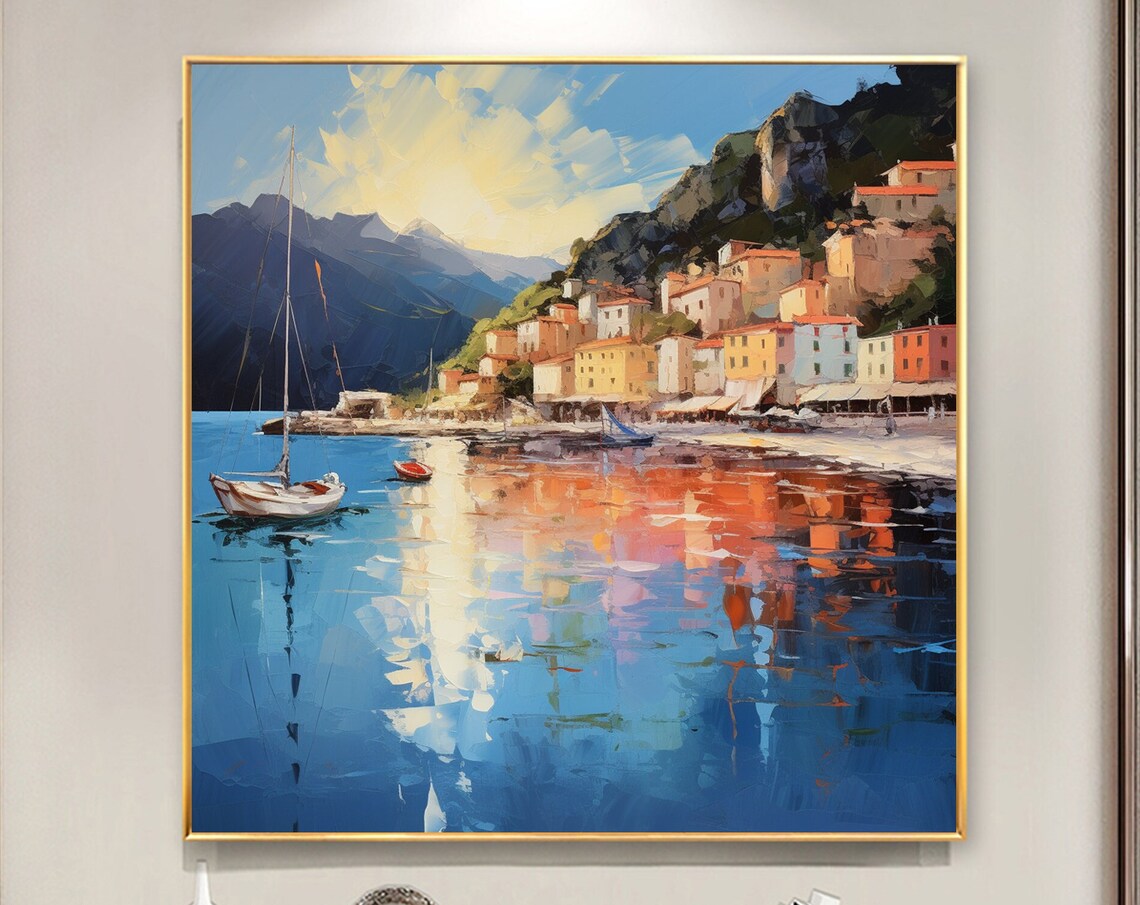 Mediterranean Coastal Village Harbor Sailboat Blue Water Poster