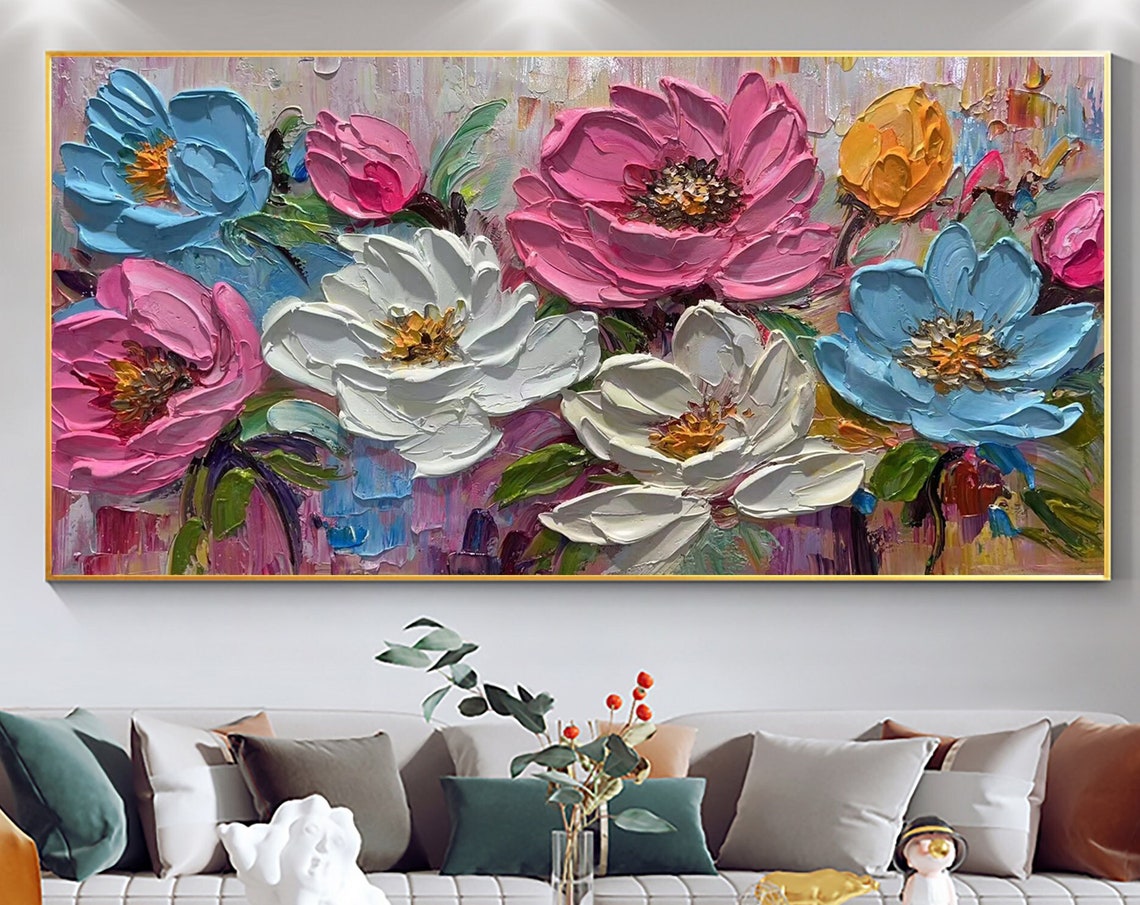 Bold Impasto Blooms in Pink White and Blue Floral Garden Poster