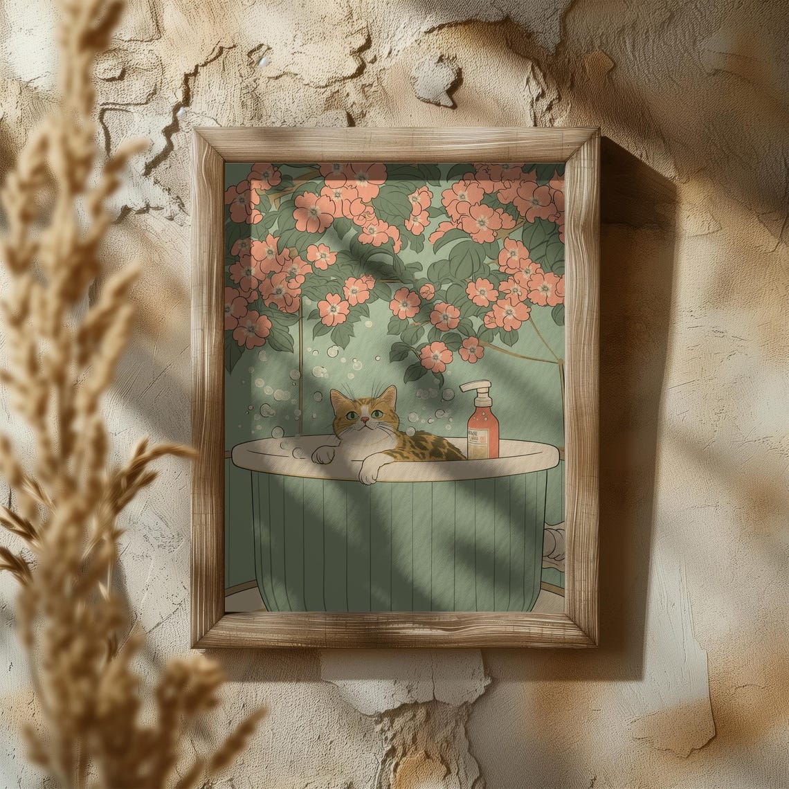 Tabby Cat Soaking In Mint Bubble Tub Under Cherry Blossom Poster - Image 5