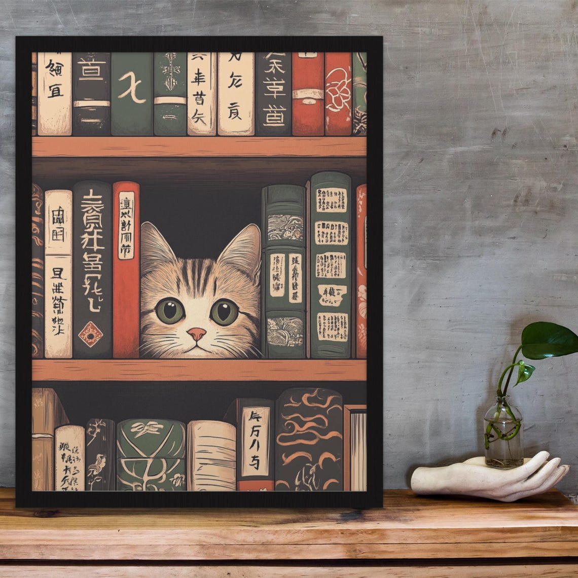 Cute Kitten Peeking From Japanese Bookshelf Vintage Art Poster - Image 3