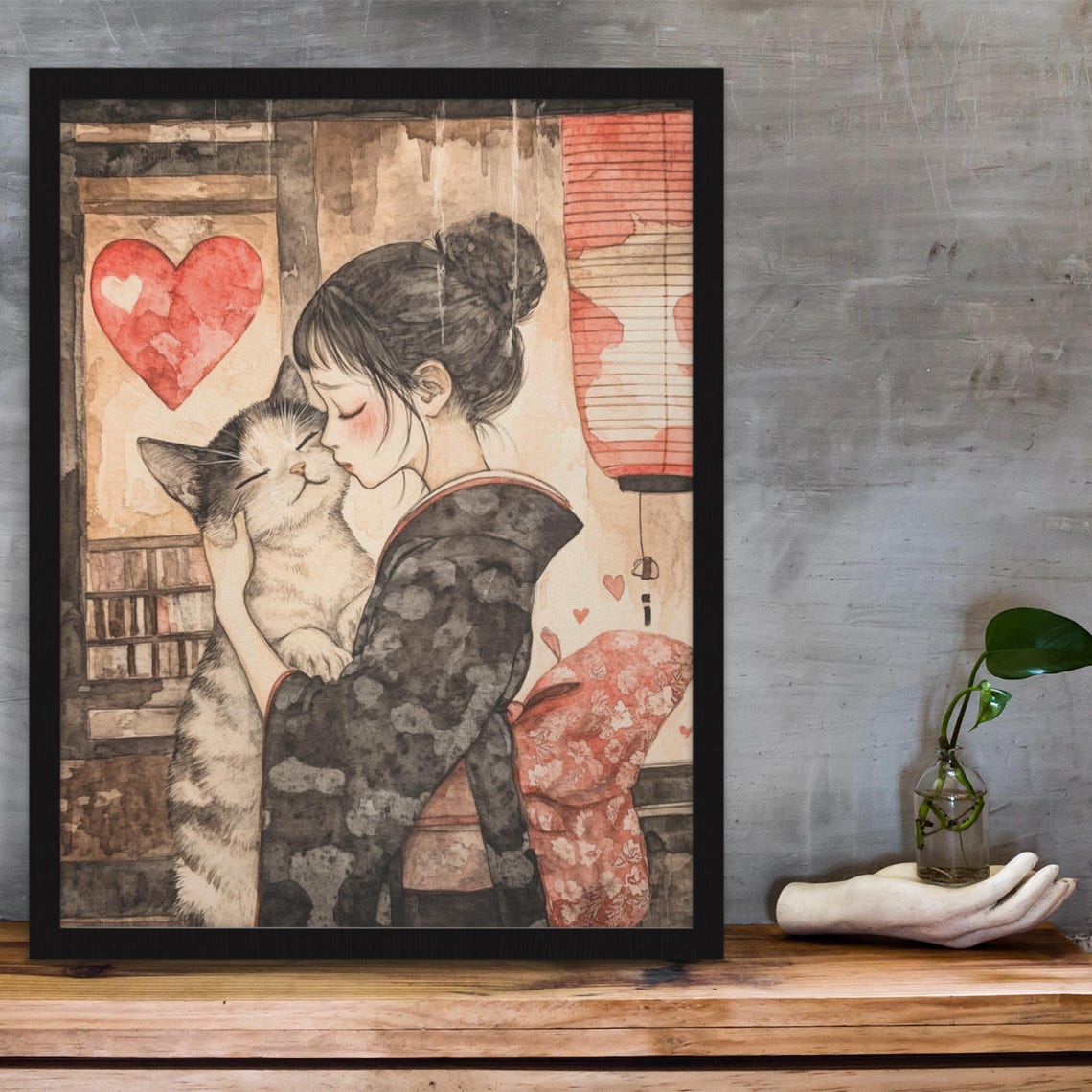 Woman In Kimono Tenderly Kissing A Tabby Cat Red Hearts Poster - Image 3